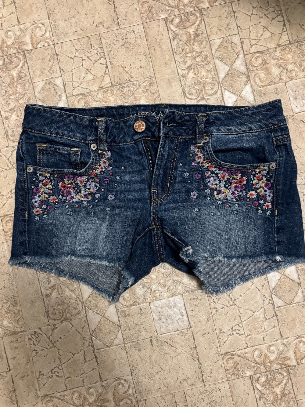 Floral Embroidered Dark Wash Jean Shorts